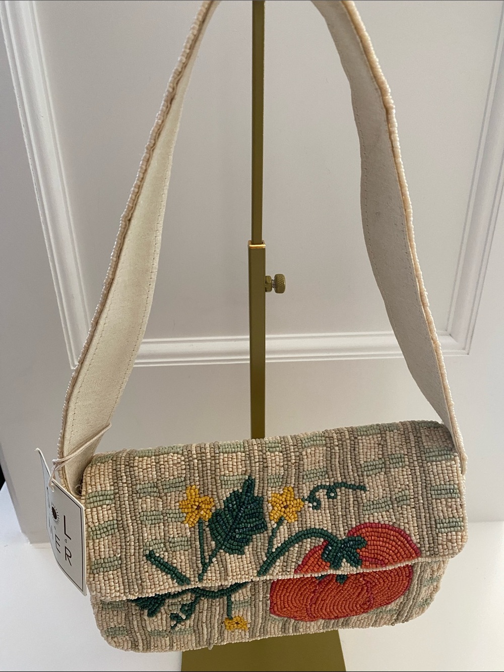 Beaded Beige Shoulder Bag with Floral & Pumpkin Motif